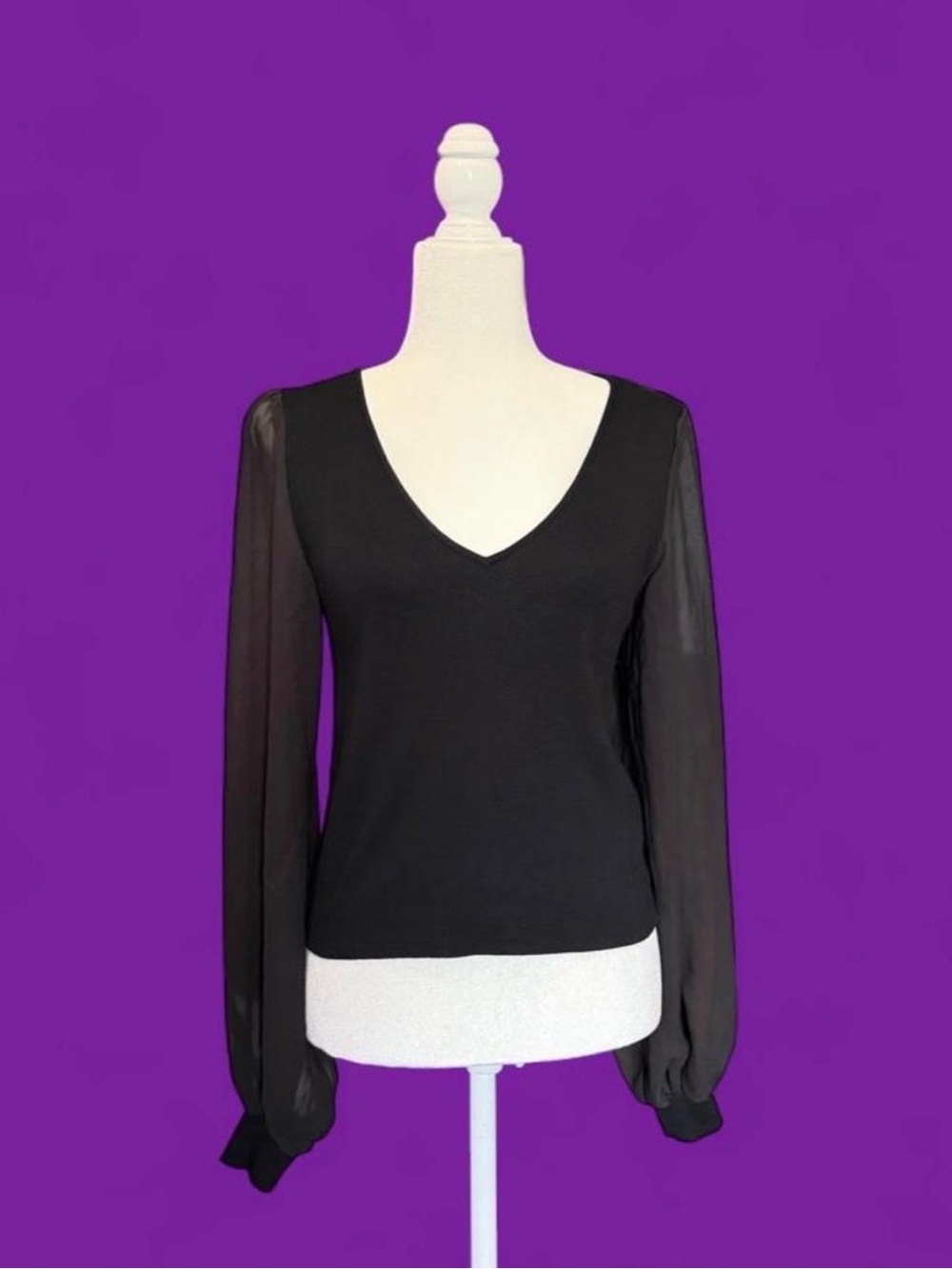 Black V-Neck Long Sleeve Blouse with Sheer Balloon Sleeves | Whimsigoth